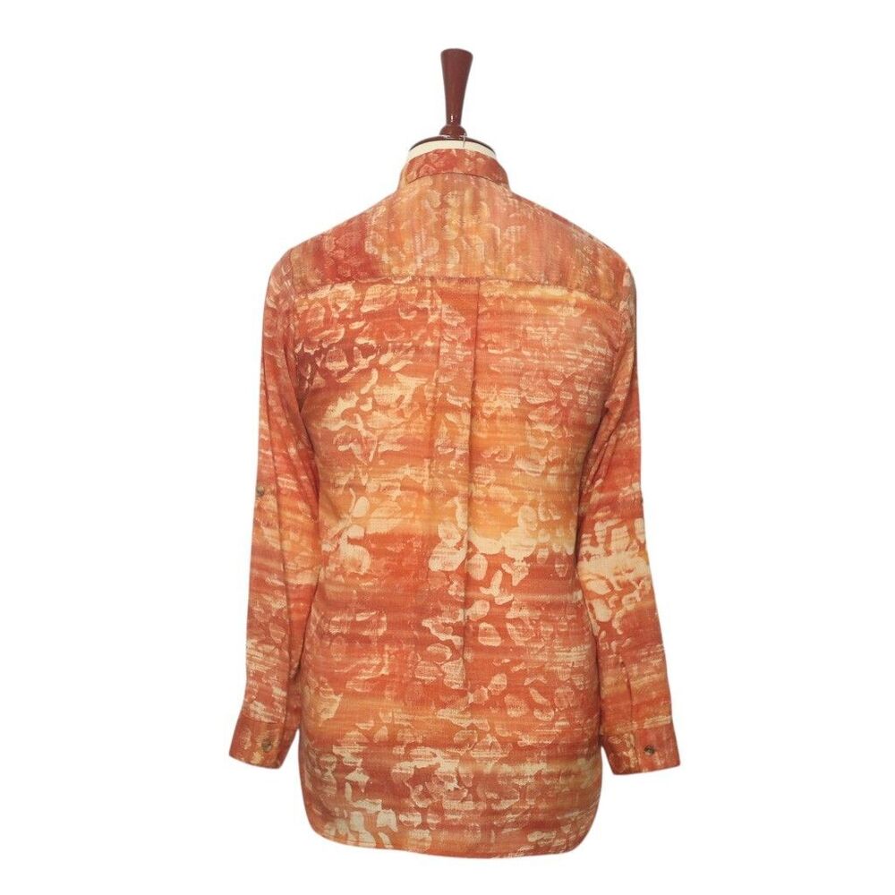 Womens Silky Chiffon Shirt Orange Floral Blouse Button Up Dressy Top Medium Work - Picture 2 of 7